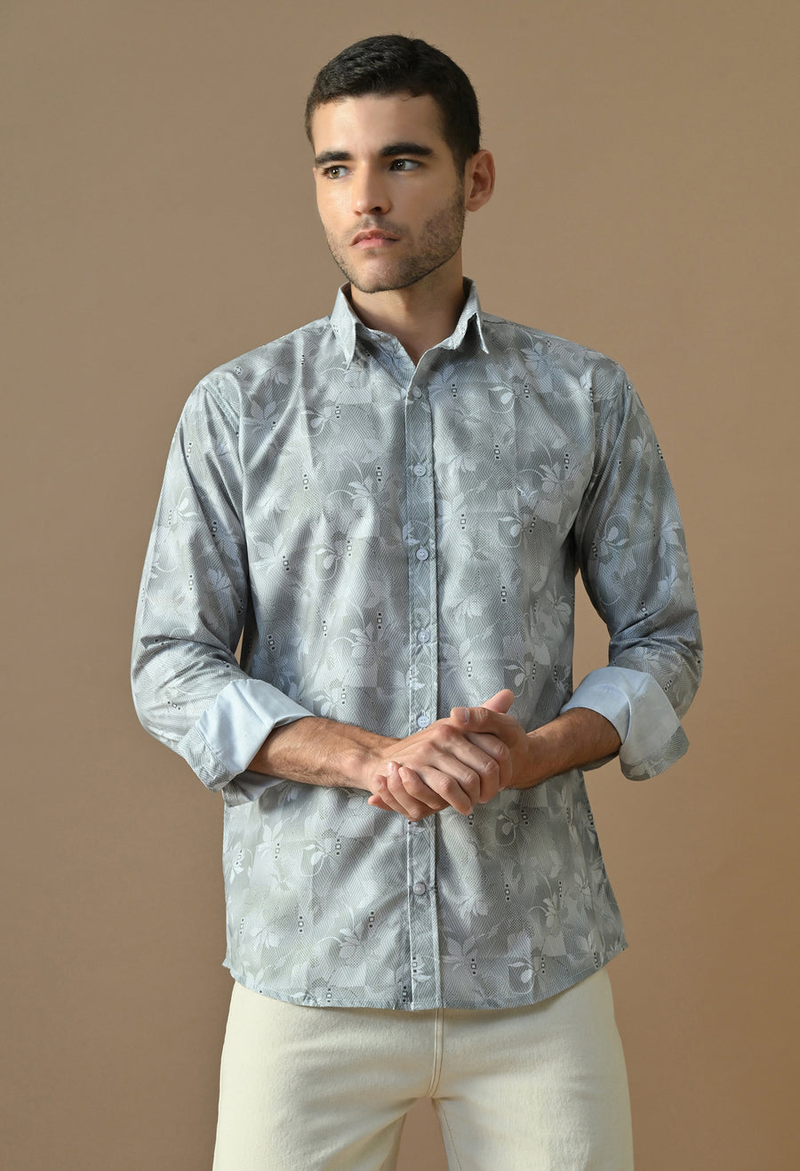 Man wearing a slate Bloom print shirt, front view