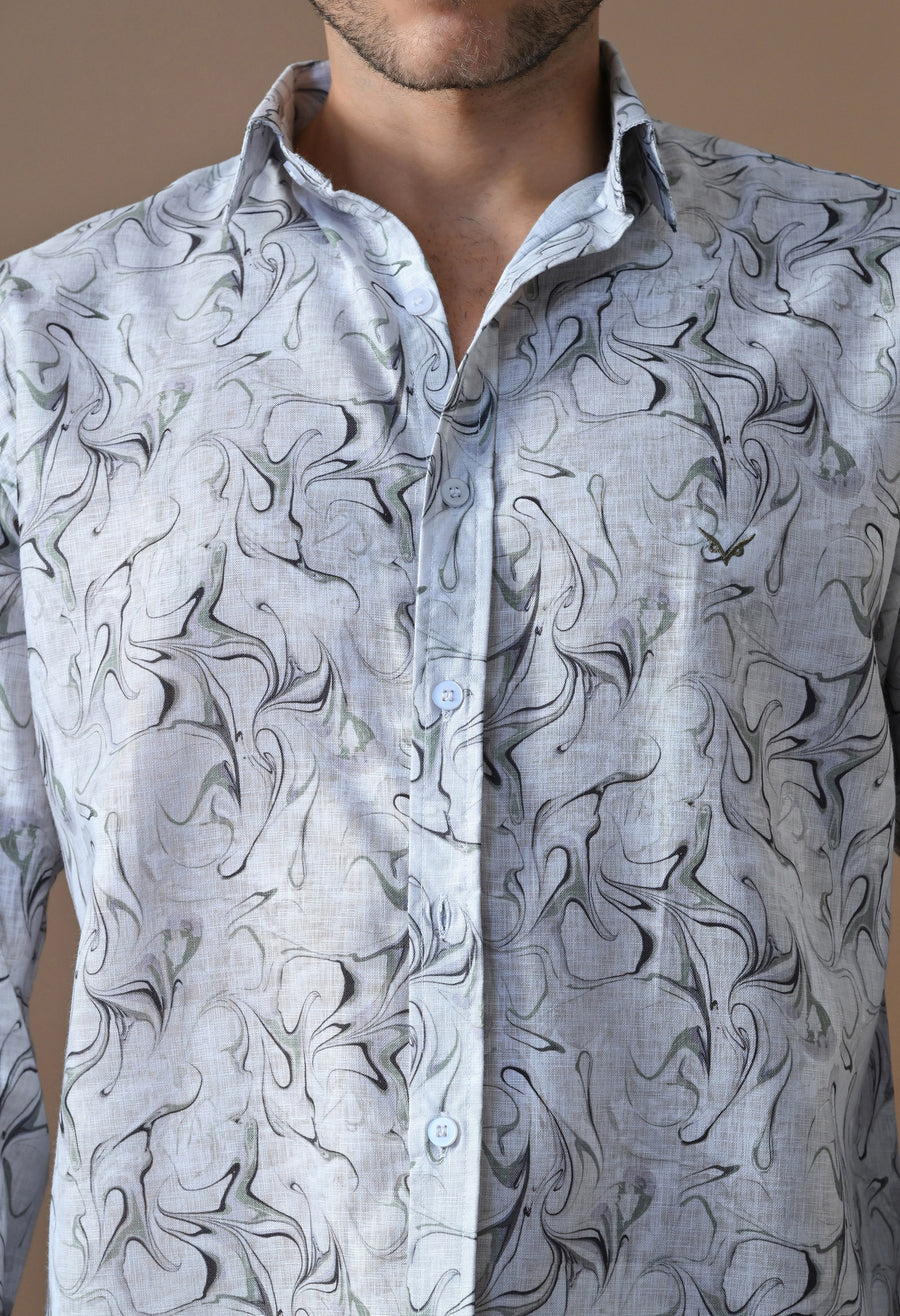 Close-up of The Ink Flow Shirt showing its abstract fluid print