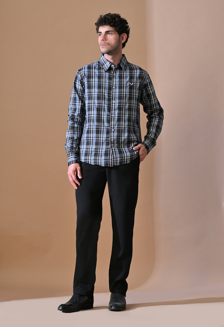Man wearing Midnight Blue & Black Bold Plaid Shirt by OUTSYN