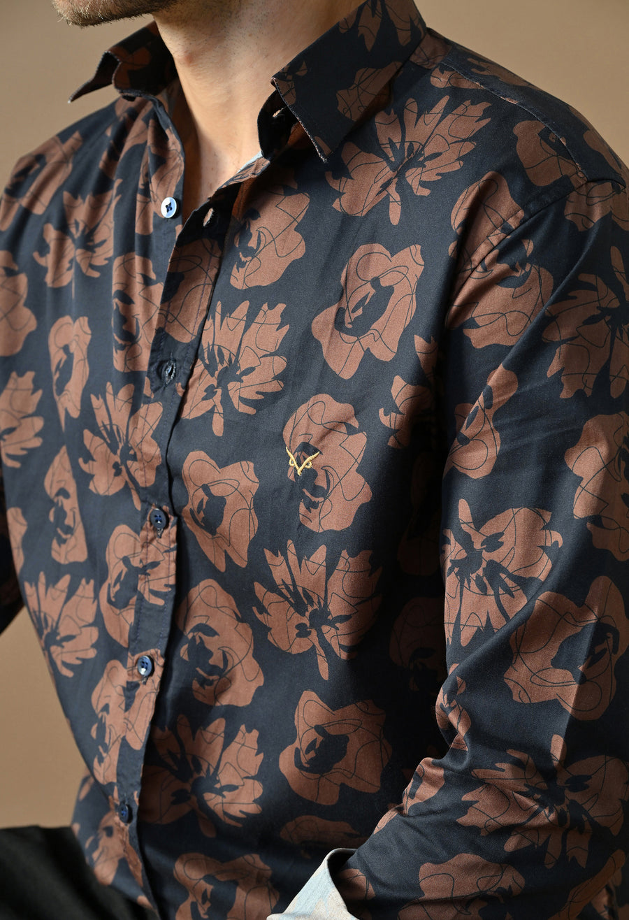 Close-up of the Midnight Bloom Printed Shirt showing its brown floral print