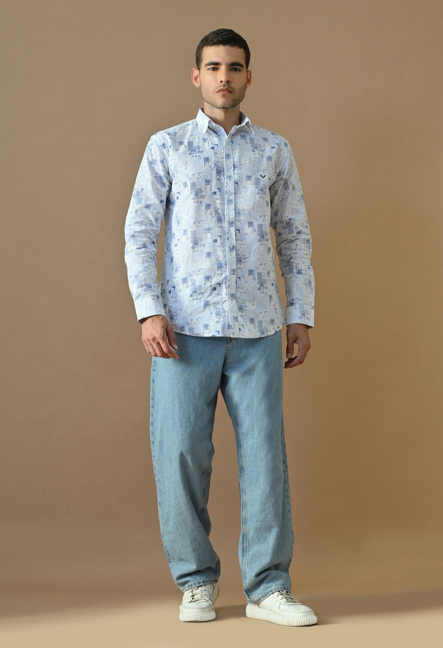 Man wearing The Cyber Mosaic Essential printed shirt, front view
