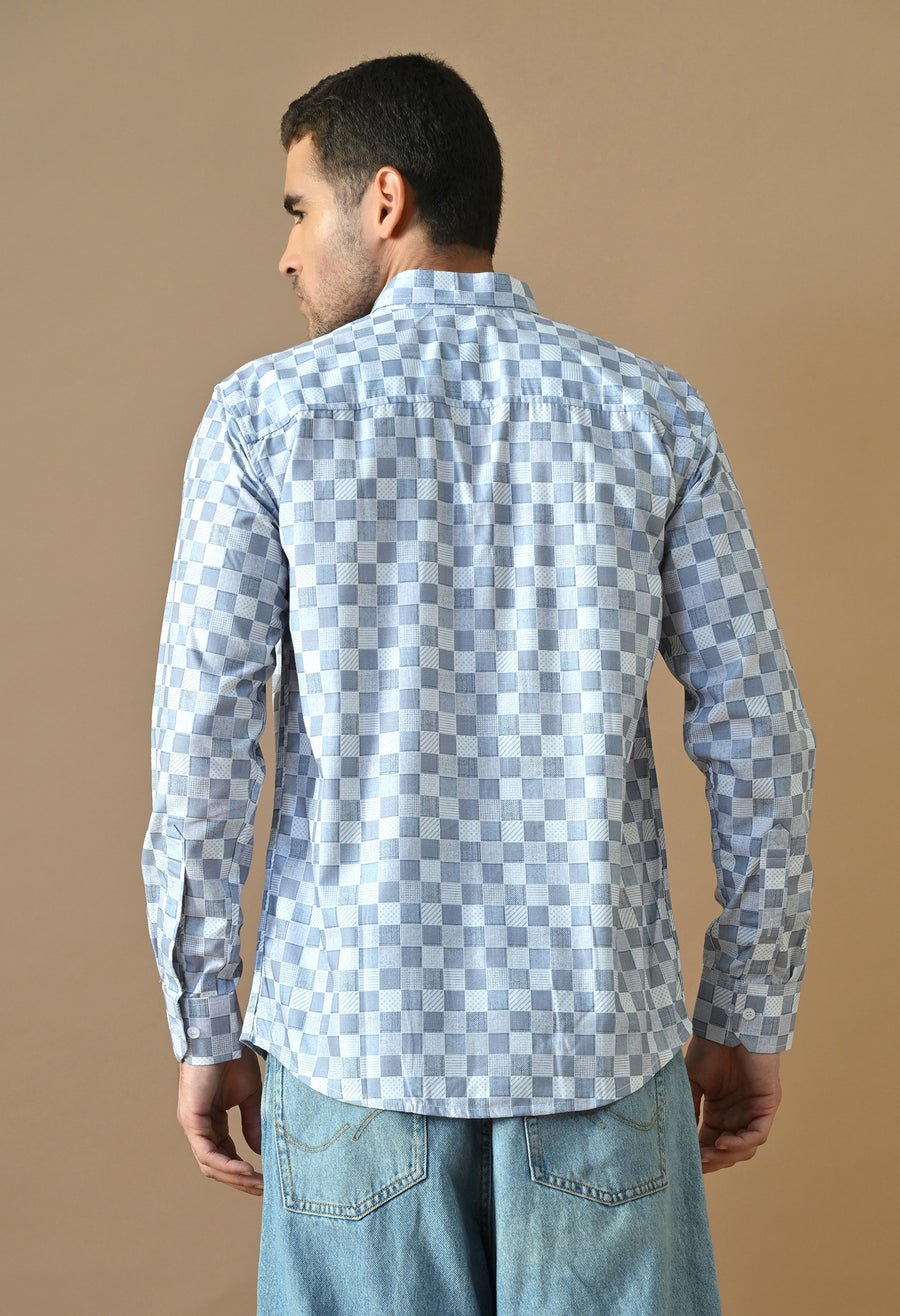 Man wearing Blue Pixel Checkerboard Shirt, back view