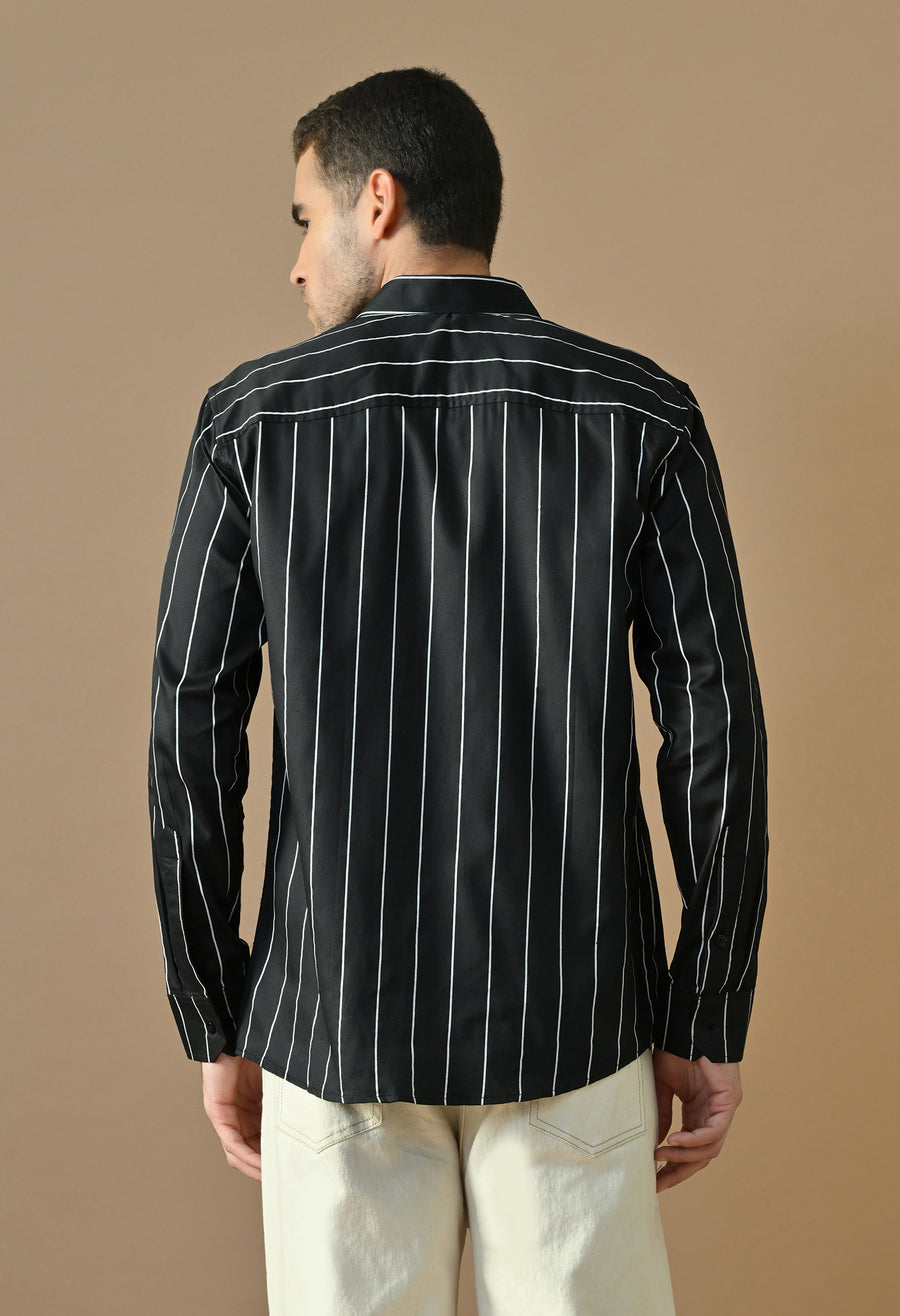 Man wearing OUTSYN Midnight Stripe Premium Slim Fit Shirt, back view