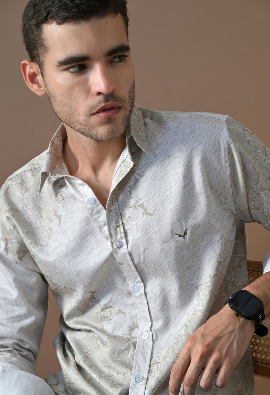 Close-up of the Champagne Baroque Button-Down showing its swirling pattern