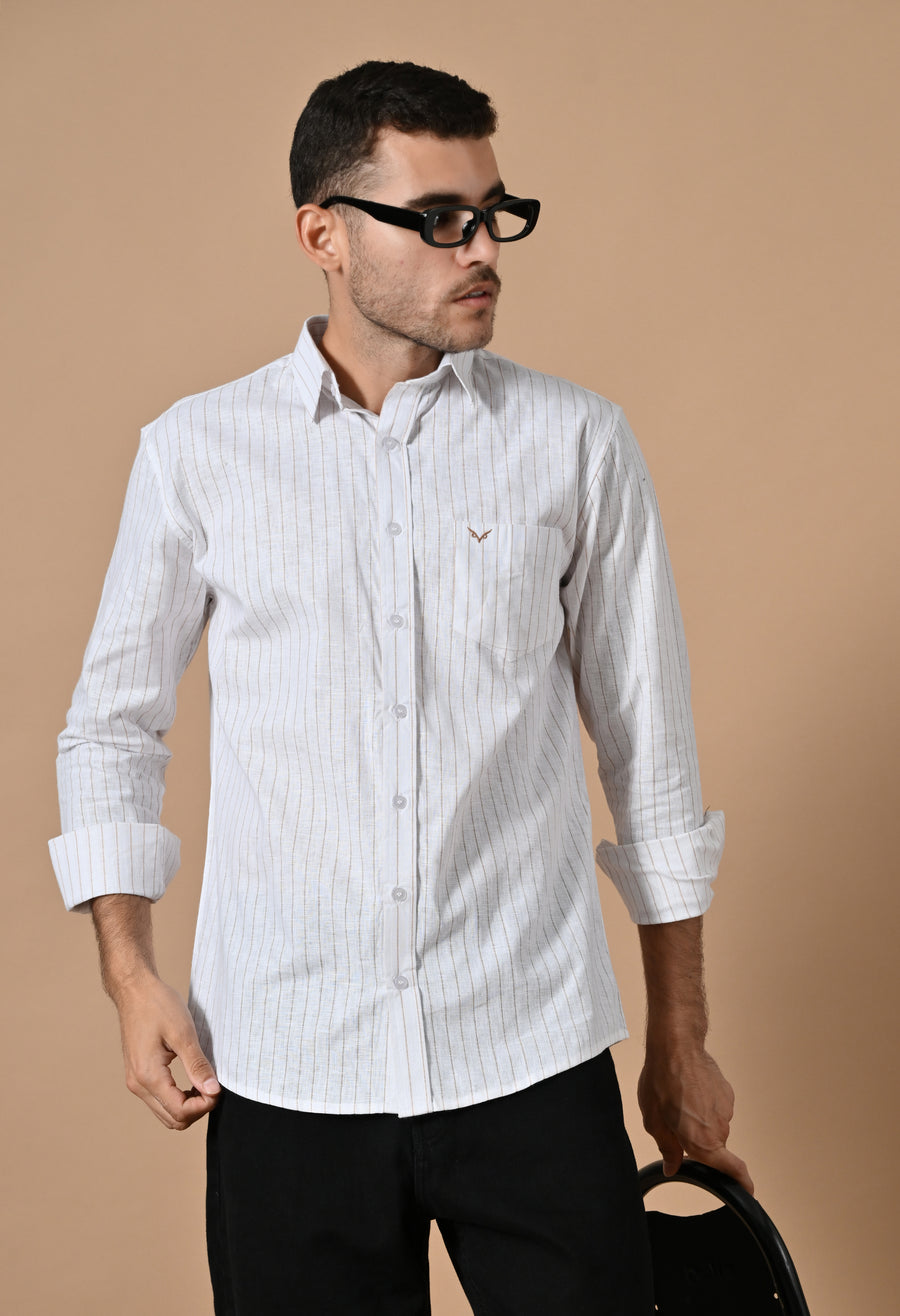 Man wearing the Premium White Pinstripe Shirt with black trousers